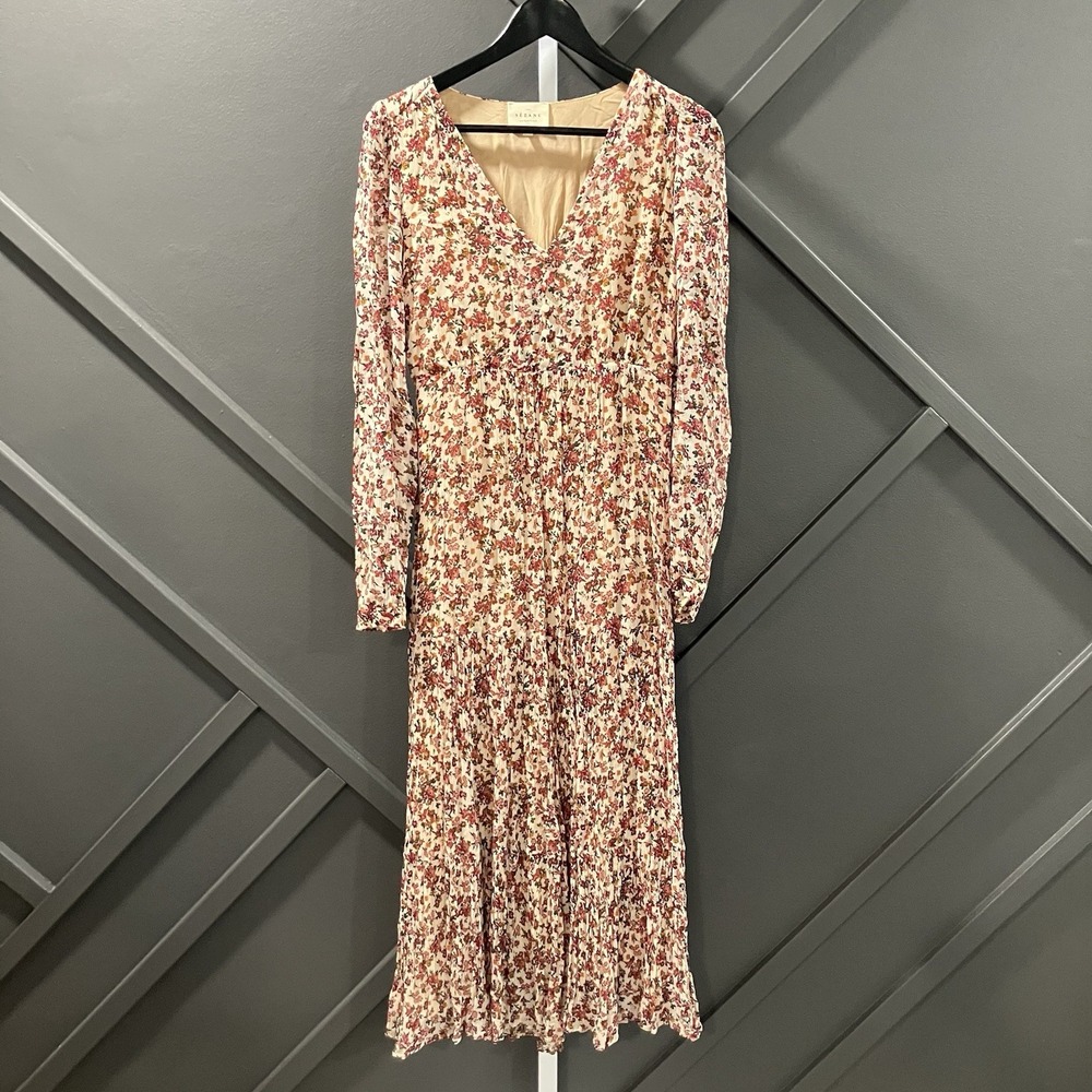 Sézane Floral Pleated Midi Dress Womens Size 34 US 2 Long Sleeve V Neck